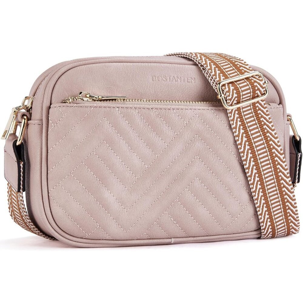 Bostanten Women Pink PU leather Small Quilted Crossbody Bags With Wide Strap
